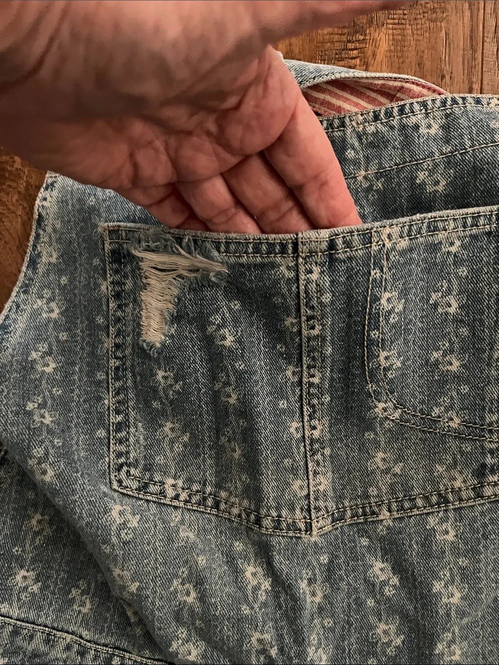 FP Distressed Light Blue Denim Overalls w/pink&white fabric on back of strap